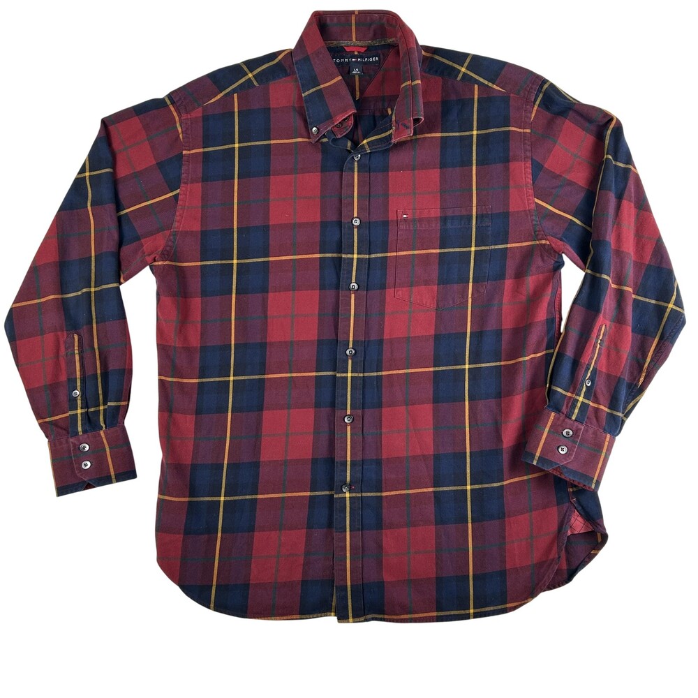 Vintage Tommy Hilfiger Shirt Mens Large Red Plaid Long Sleeve Button 2000s